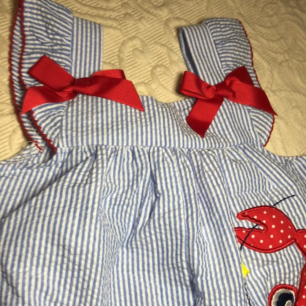 Goodlad crepe baby Blue and White Striped crepe one piece with Red Crab Design